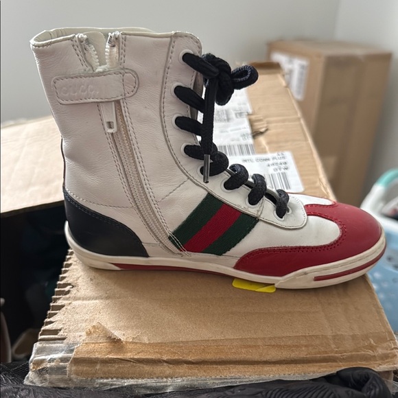 Gucci Kids White and Red High-Top Sneakers